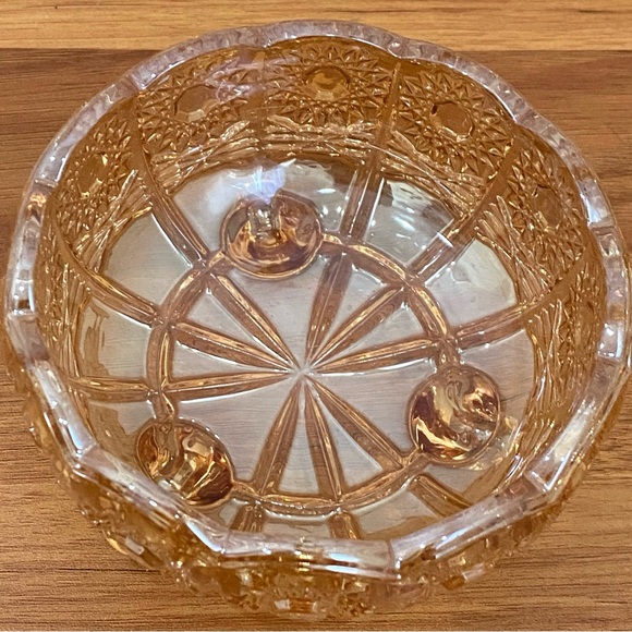 Iridescent Gold Crystal Carnival Glass Footed Flower Relief Lidded Candy Dish - Picture 11 of 12